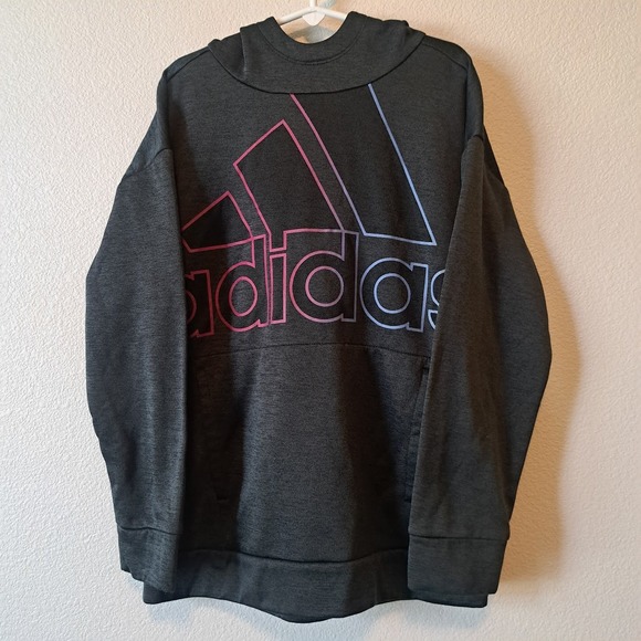 adidas Other - Adidas Girl Hoodie Charcoal Grey Pink Blue Gradient Logo Sweatshirt Size M 10/12